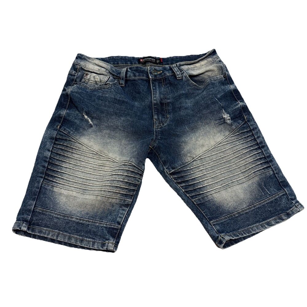 Southpole Vintage Y2K Distressed Blue Ribbed Moto Denim Jean Shorts Men's 30